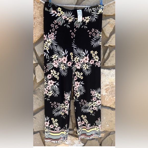 ROZ & ALI Palazzo Pants 2X Black Floral Wide Leg Stretch Pull On Womens NEW - Picture 1 of 7